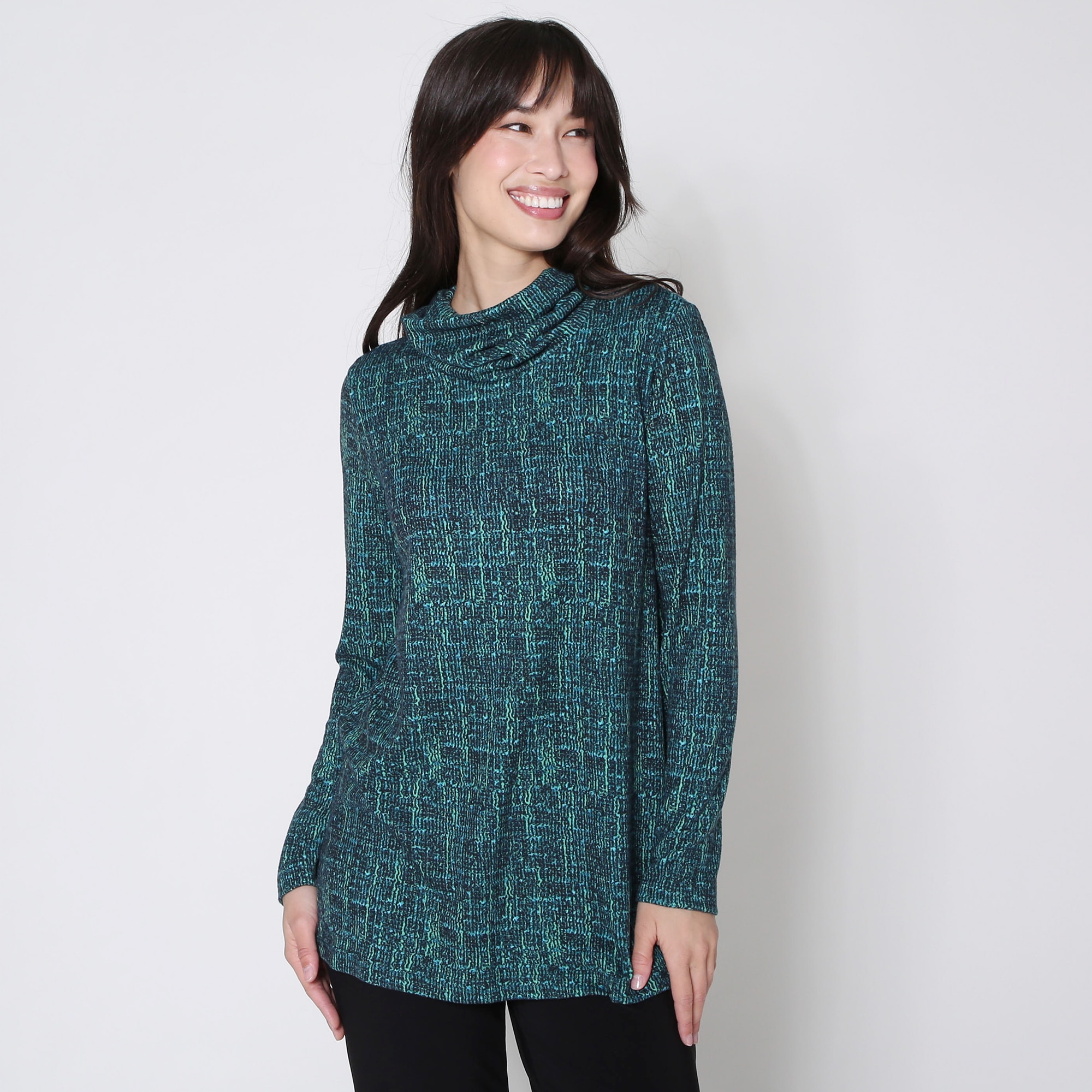Kim & Co. Printed Soft Touch Long Sleeve Cowl Neck Tunic