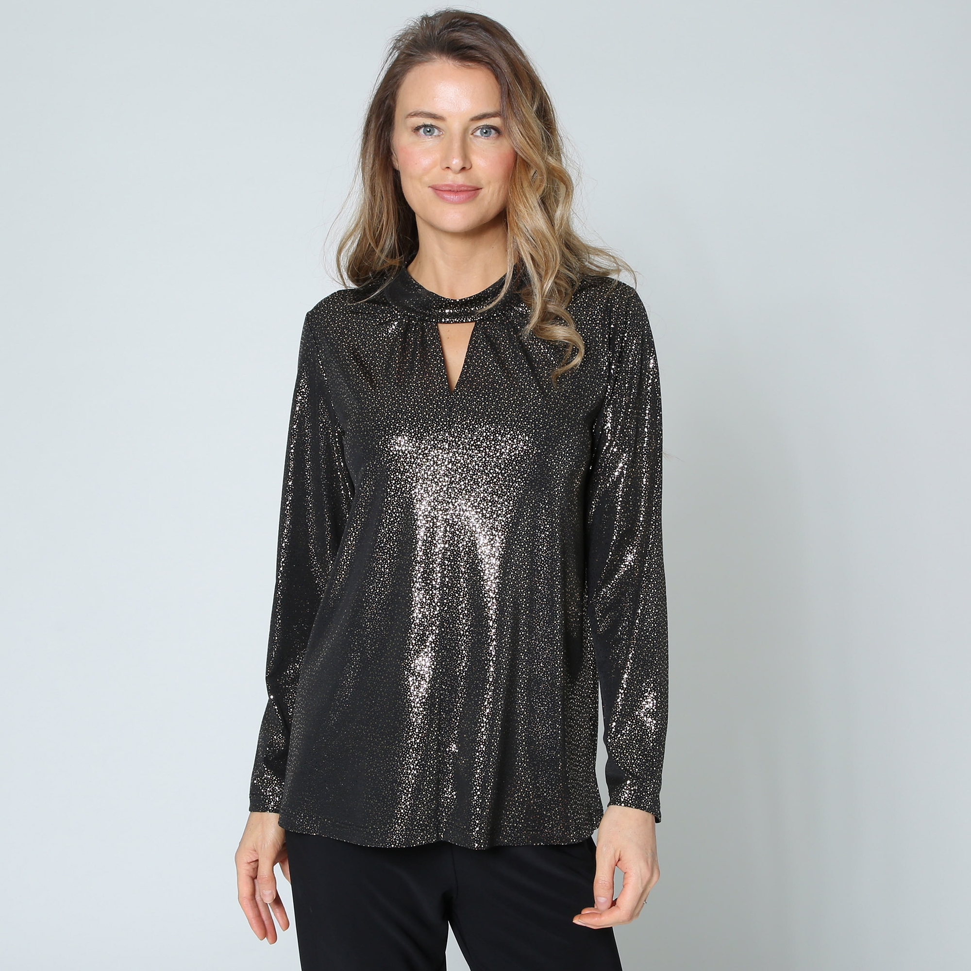 Kim & Co. Brazil Knit with Foil Long Sleeve Keyhole High Neck Top