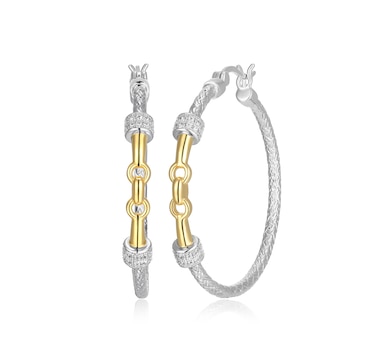Charles Garnier Sterling Silver Two Tone "FLOURISH" Link Cubic Zirconia Hoop Earrings