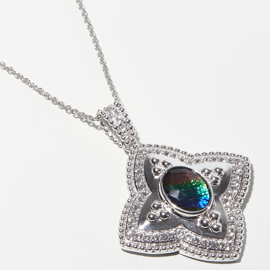 Image 233186.jpg, Product 233-186 / Price $629.99, Canadian Ammolite Gems Sterling Silver Rhodium Plated Ammolite and White Topaz Flower Pendant with Chain from Canadian Ammolite Gems on TSC.ca's Jewellery department