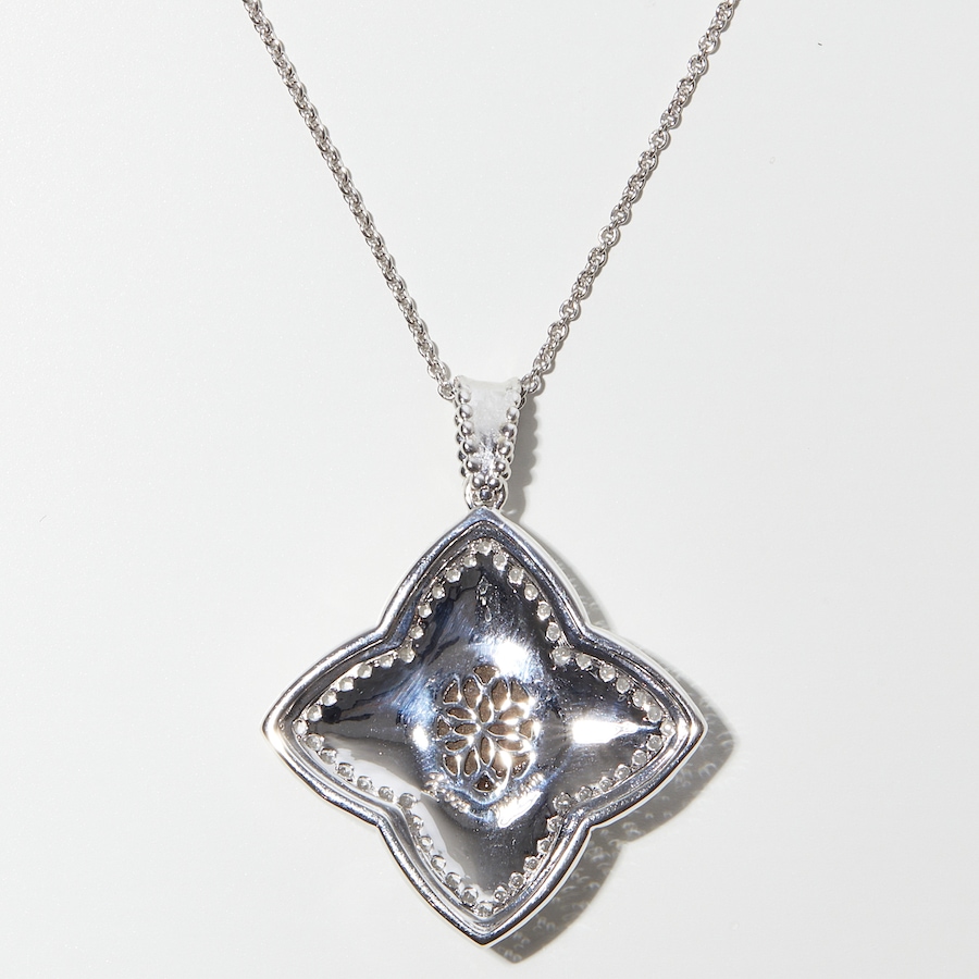 Image 233186_ALTMORE2.jpg, Product 233-186 / Price $629.99, Canadian Ammolite Gems Sterling Silver Rhodium Plated Ammolite and White Topaz Flower Pendant with Chain from Canadian Ammolite Gems on TSC.ca's Jewellery department