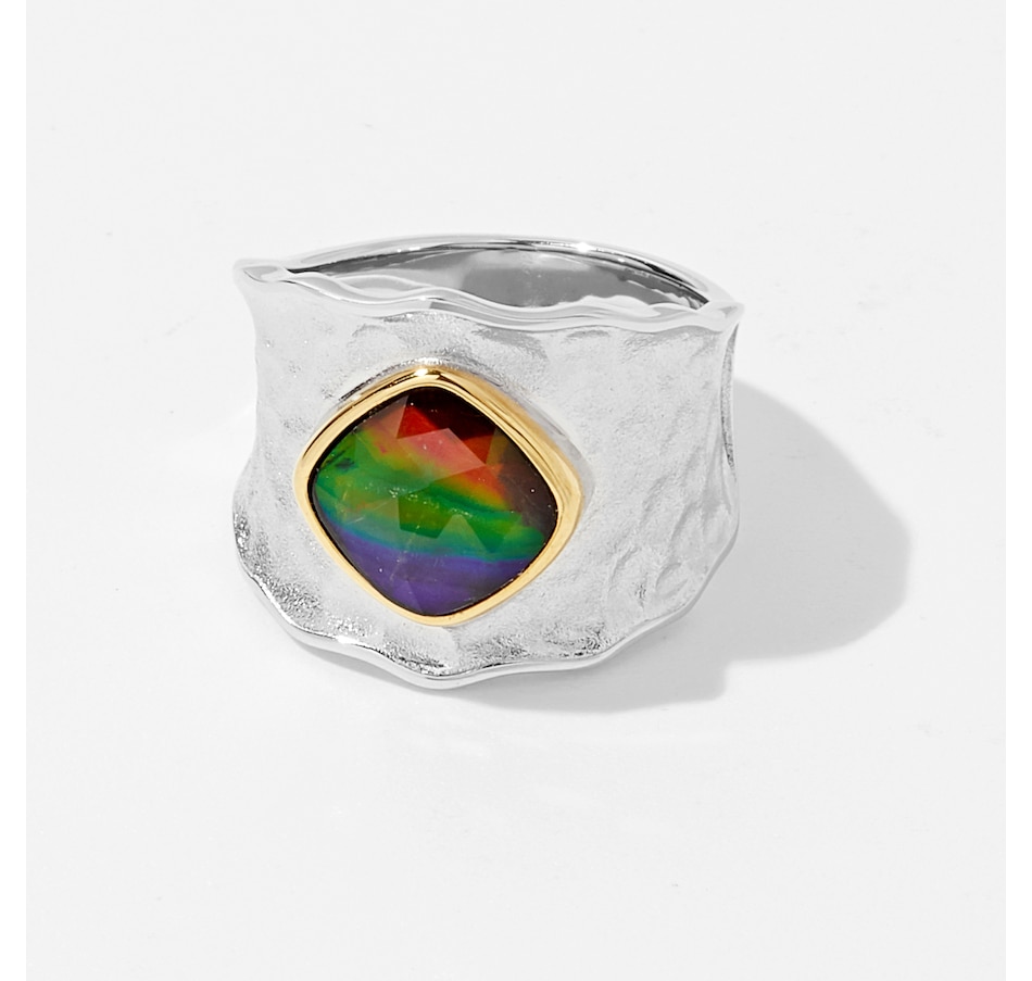 Image 233765_TTO.jpg, Product 233-765 / Price $499.99, Canadian Ammolite Gems Sterling Silver 8mm Hammered Cushion Ammolite Wide Band from Canadian Ammolite Gems on TSC.ca's Jewellery department