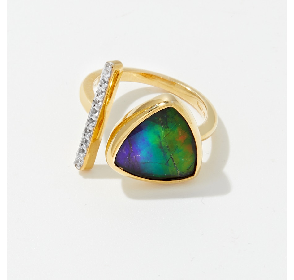 Image 233780_YGP.jpg, Product 233-780 / Price $679.99, Canadian Ammolite Gems Sterling Silver 12mm Trillion Ammolite and White Topaz Ring from Canadian Ammolite Gems on TSC.ca's Jewellery department