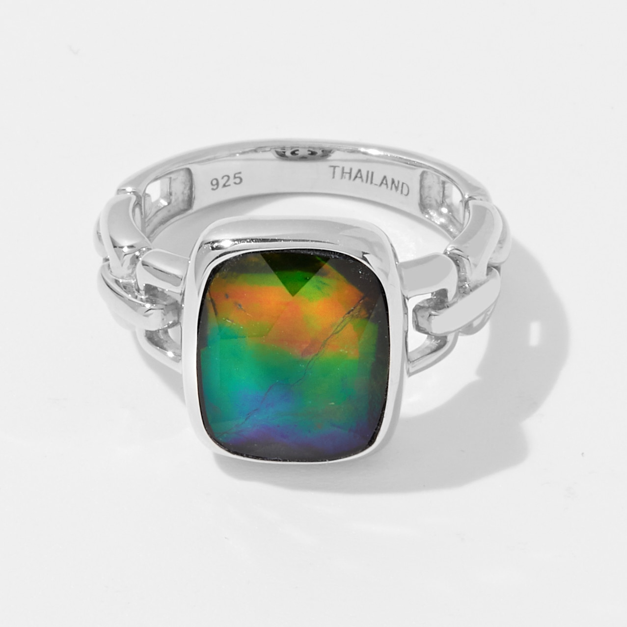 Canadian Ammolite Gems Sterling Silver Rhodium Plate 12mm x 10mm Ammolite  Chain Link Ring