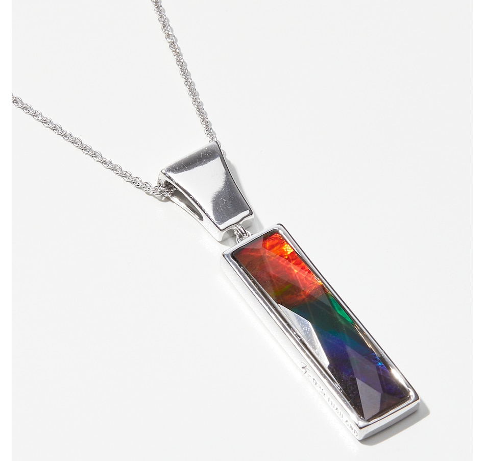 Canadian Ammolite Gems Sterling Silver Rhodium Plate Rectangular Ammolite Pendant with Chain