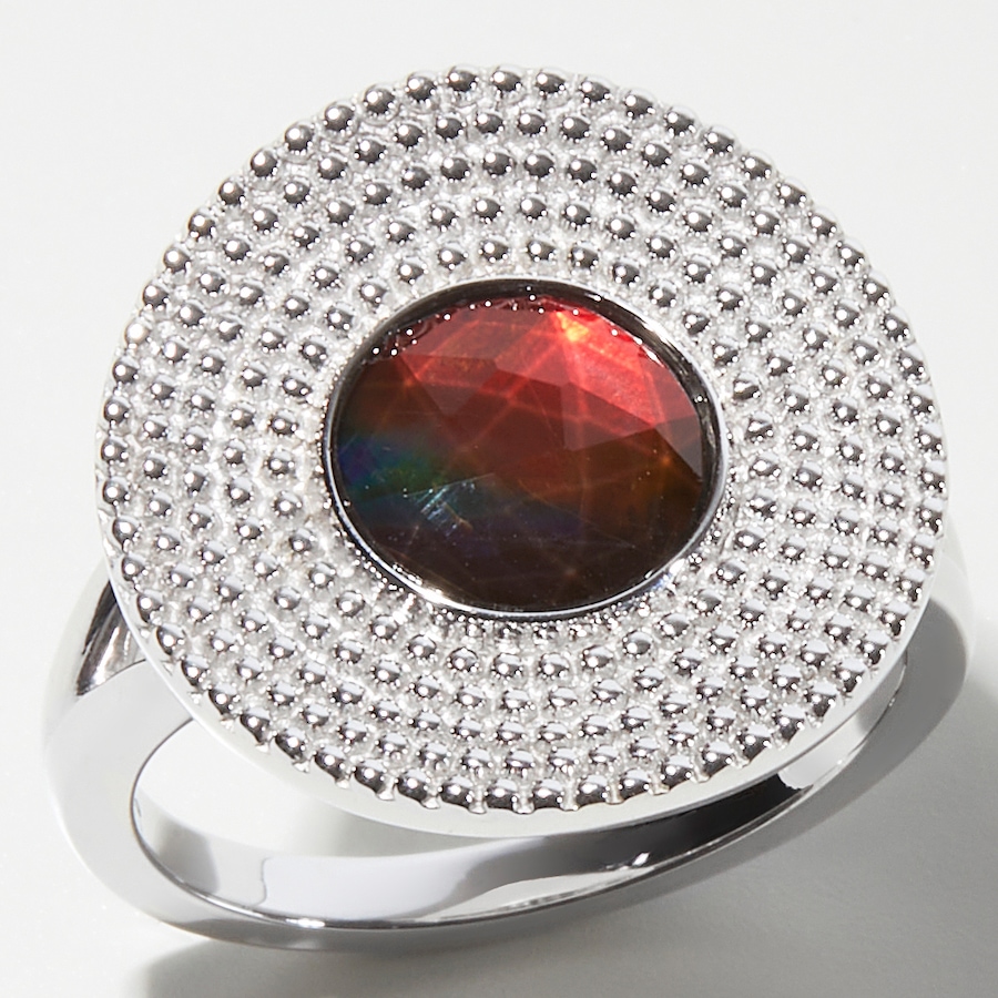 Image 233896.jpg, Product 233-896 / Price $429.99, Canadian Ammolite Gems Sterling Silver/Rhodium Plated 8mm Round Studded Ammolite Saddle Ring from Canadian Ammolite Gems on TSC.ca's Jewellery department