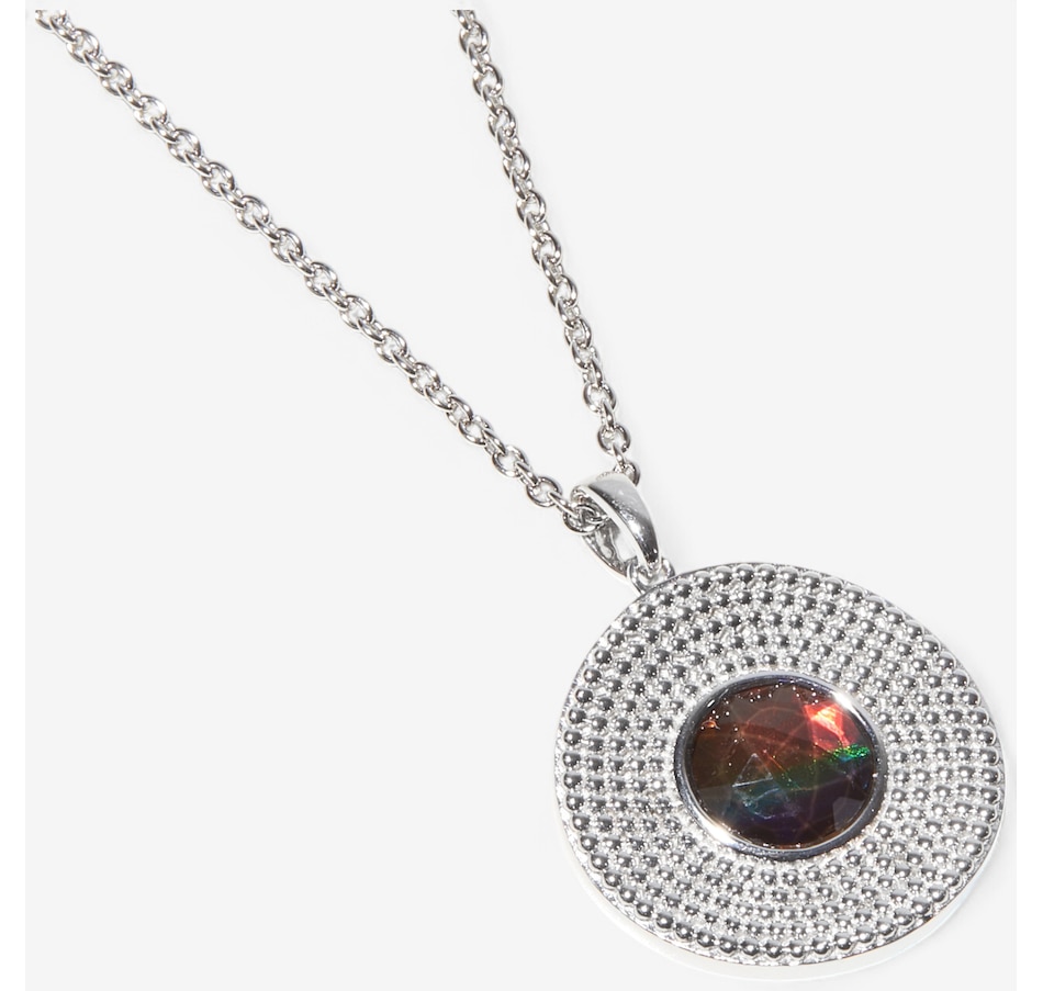 Canadian Ammolite Gems Sterling Silver/Rhodium Plated 8mm Round Studded Ammolite Saddle Pendant
