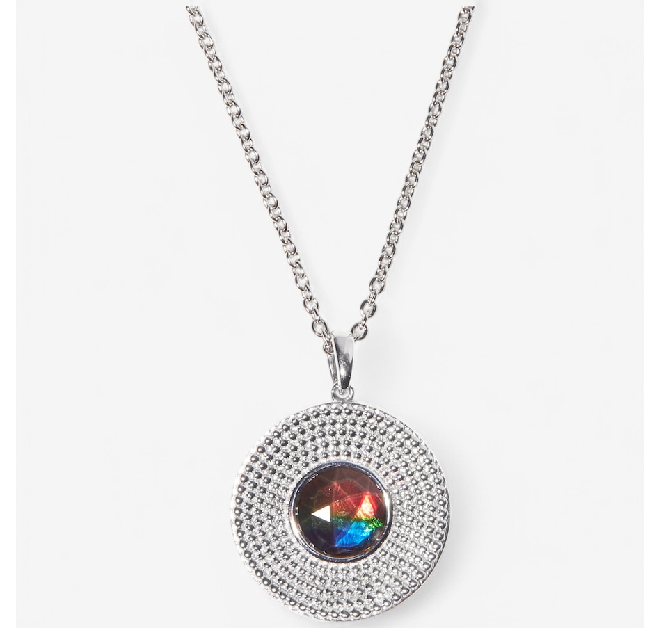 Image 233897_ALTMORE1.jpg, Product 233-897 / Price $499.99, Canadian Ammolite Gems Sterling Silver/Rhodium Plated 8mm Round Studded Ammolite Saddle Pendant from Canadian Ammolite Gems on TSC.ca's Jewellery department