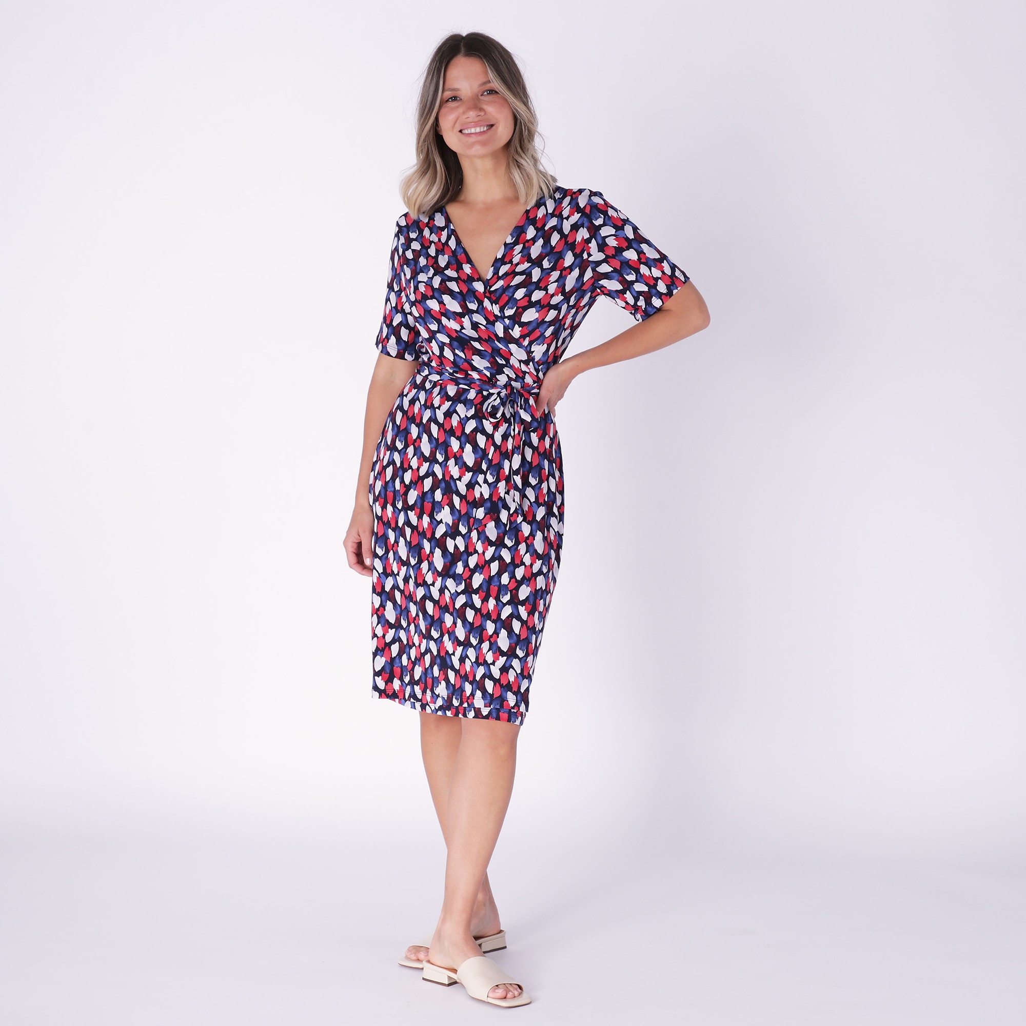 Short sleeve clearance faux wrap dress