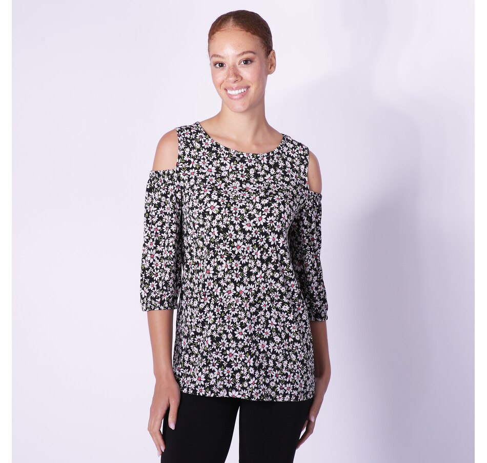 Clothing & Shoes - Tops - Shirts & Blouses - Kim & Co. Printed Brazil Knit  3/4 Sleeve Peekaboo Top - Online Shopping for Canadians