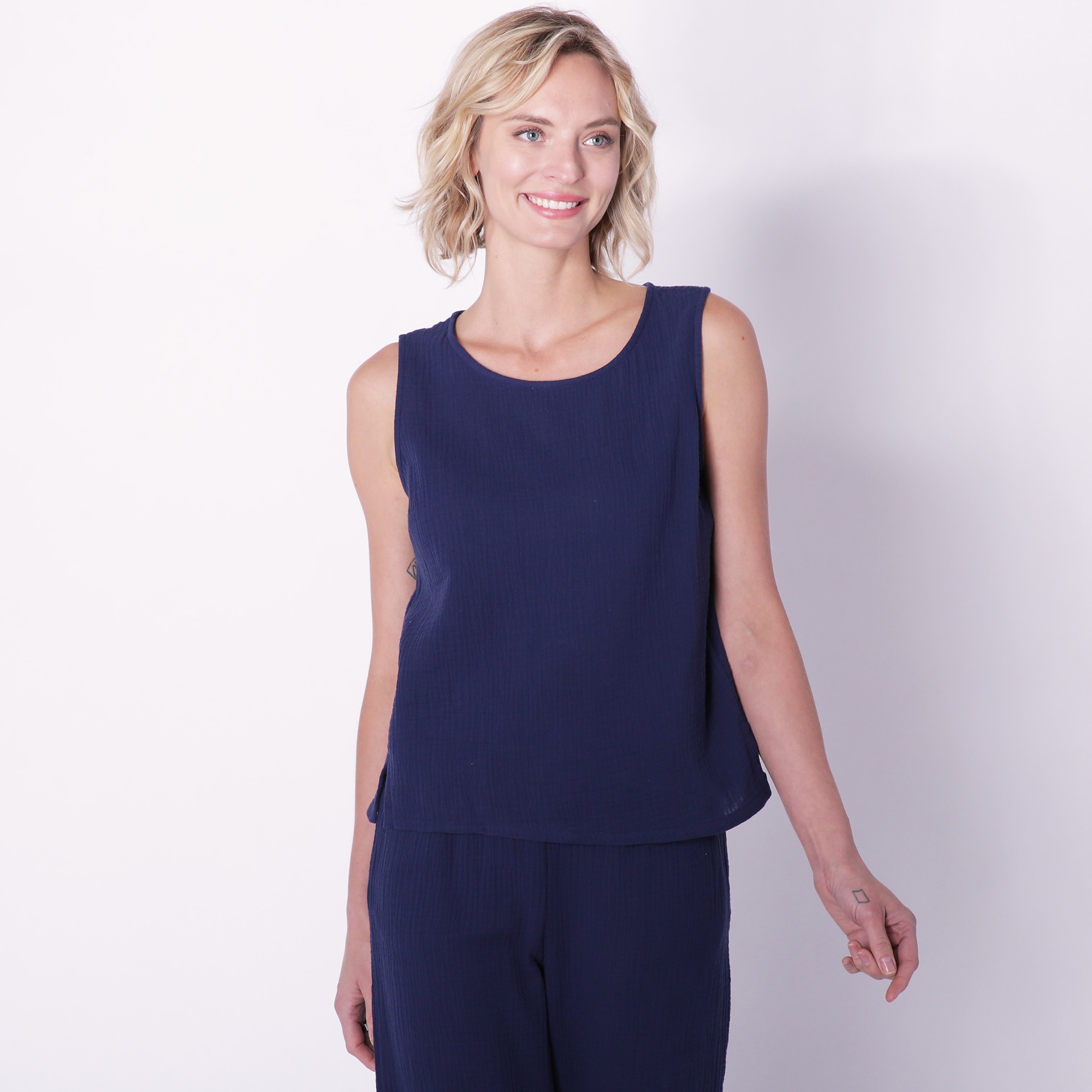 Guillaume Crinkle Gauze Tank Top With Back Button Closure