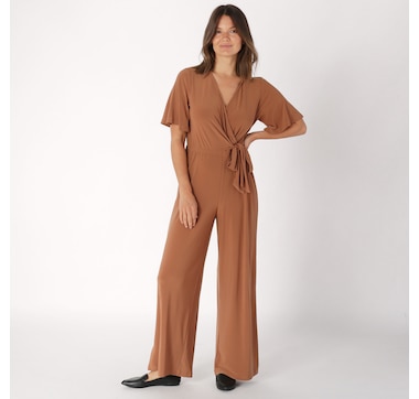 Nina Leonard Flutter Elbow Sleeve Surplus Jumpsuit