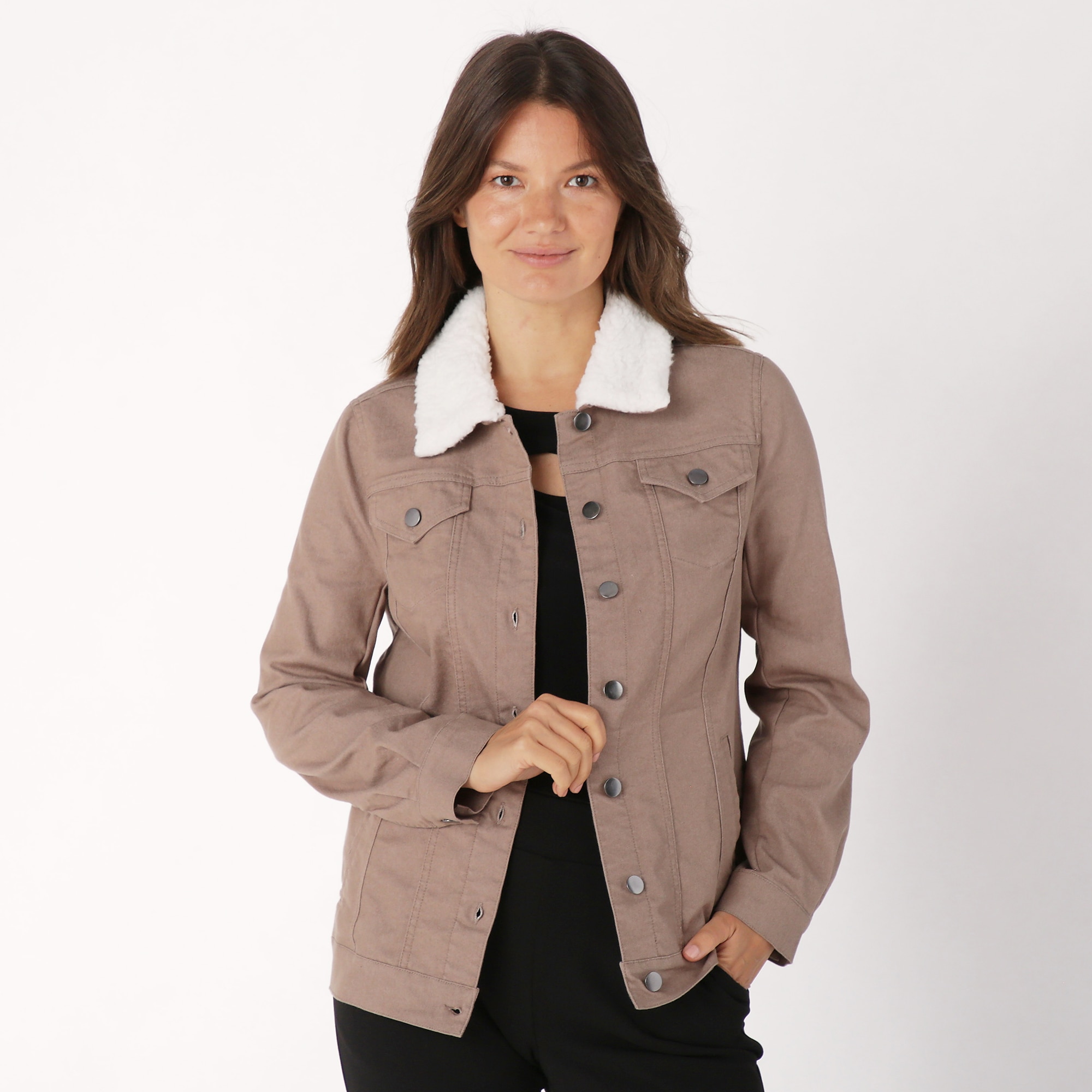 Nina Leonard Sherpa Detail Denim Twill Jacket