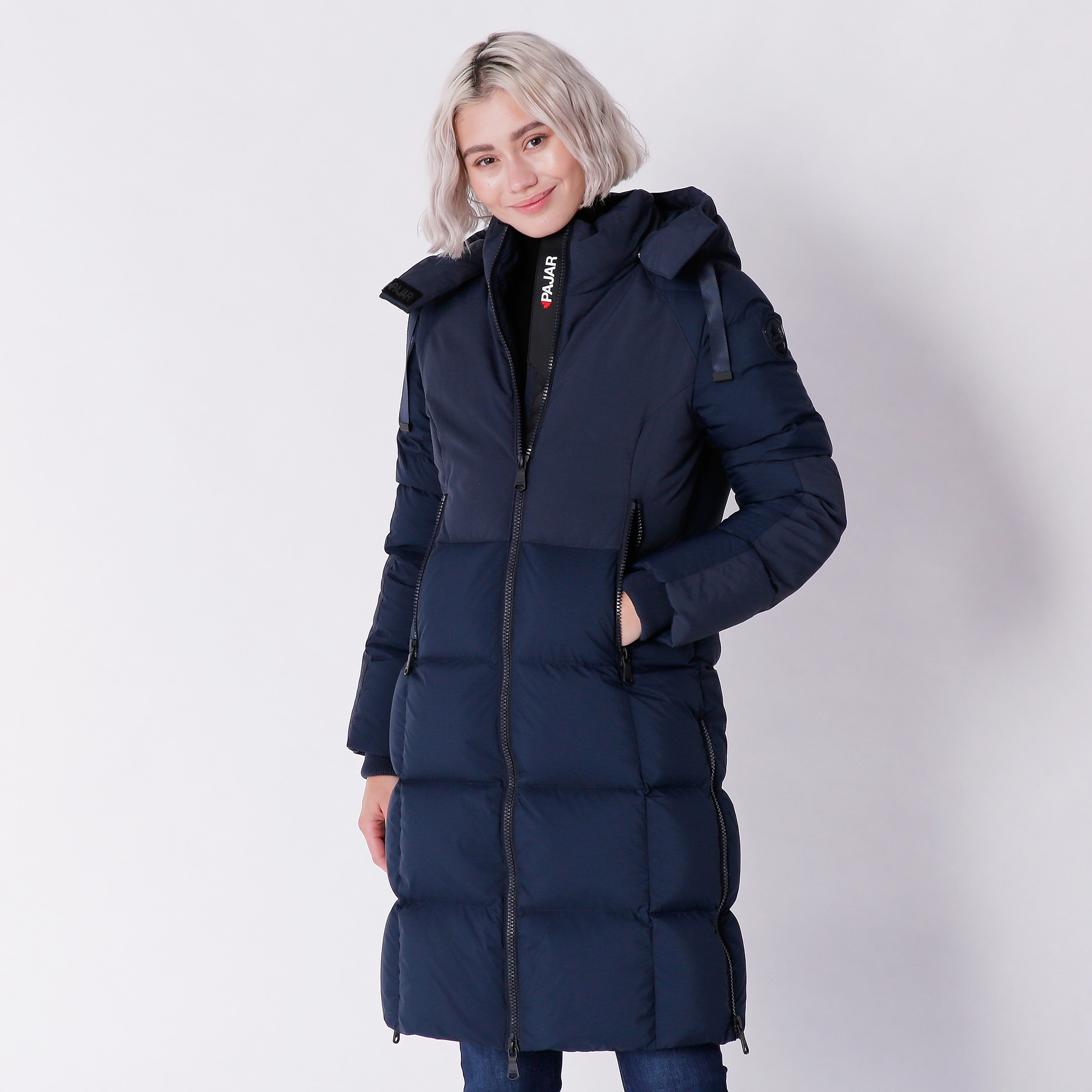 Navy long puffer on sale jacket