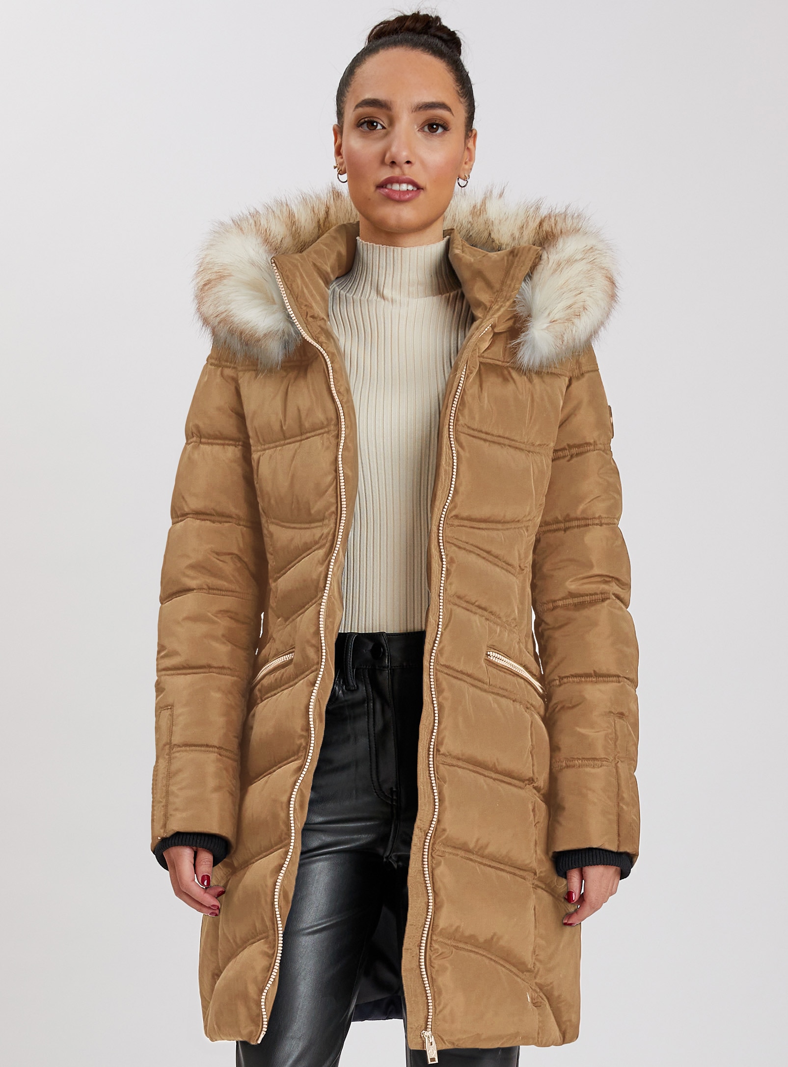 Khaki puffer jacket with fur outlet hood