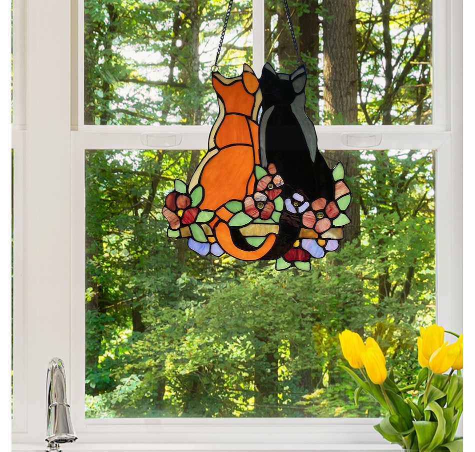 Image 237420_ALTMORE1.jpg, Product 237-420 / Price $129.99, Tiffany Style 12.5" Stained Glass Cats in the Garden Window Panel from Tiffany Style Lighting on TSC.ca's Home & Garden department