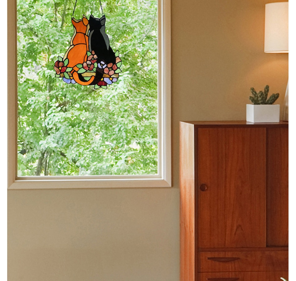Image 237420_ALTMORE3.jpg, Product 237-420 / Price $129.99, Tiffany Style 12.5" Stained Glass Cats in the Garden Window Panel from Tiffany Style Lighting on TSC.ca's Home & Garden department