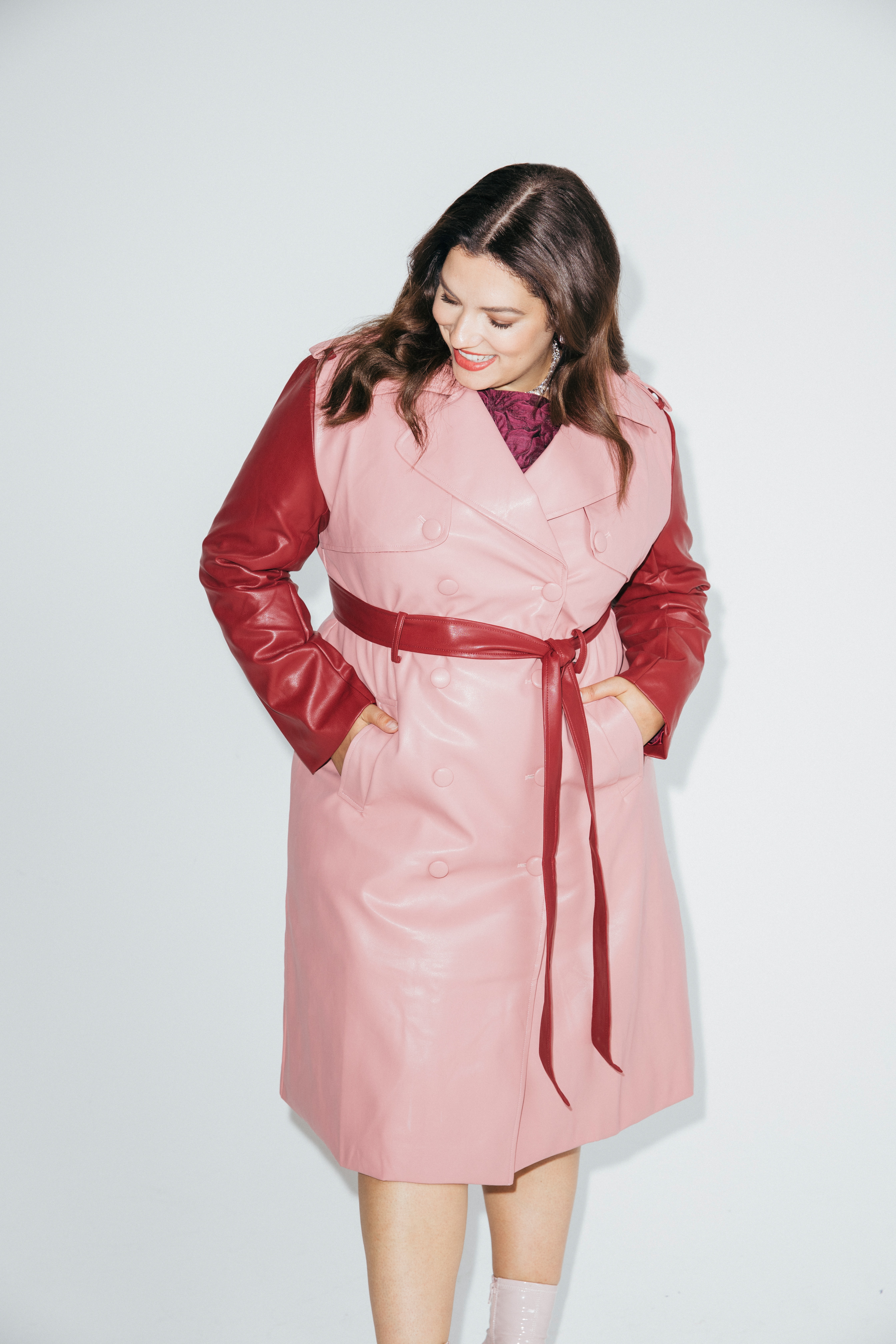 Pink leather trench on sale coat