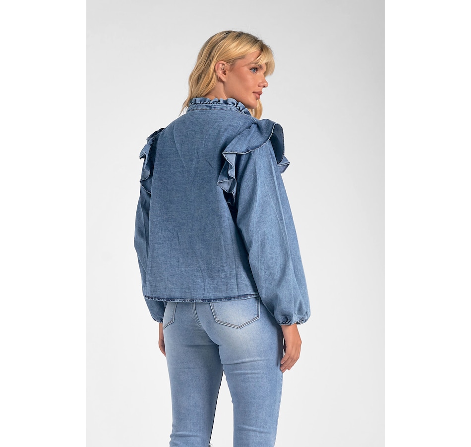 Image 238355_ALTMORE1.jpg, Product 238-355 / Price $34.33, Elan Denim Blouse With Ruffle Shoulder Detail from Elan on TSC.ca's Fashion department