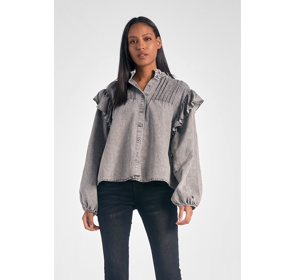 Image 238355_CHR.jpg, Product 238-355 / Price $34.33, Elan Denim Blouse With Ruffle Shoulder Detail from Elan on TSC.ca's Fashion department