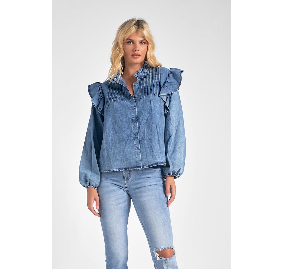 Image 238355_DNM.jpg, Product 238-355 / Price $34.33, Elan Denim Blouse With Ruffle Shoulder Detail from Elan on TSC.ca's Fashion department