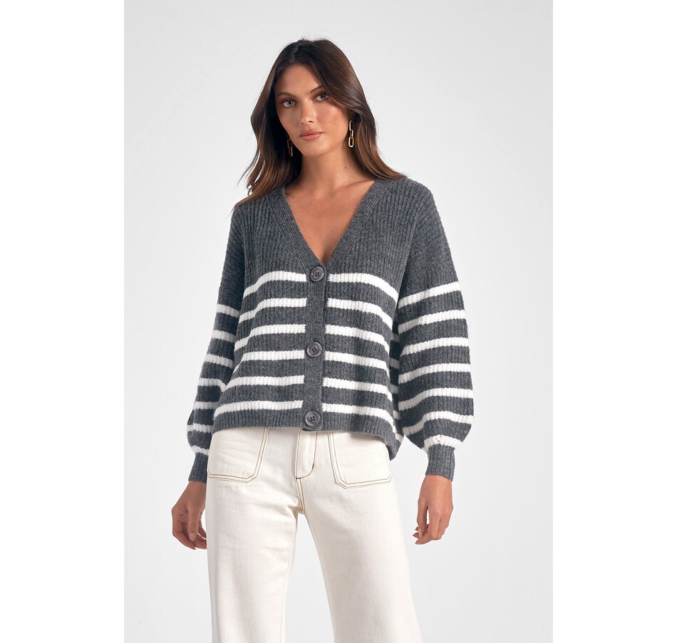 Image 238367_GRY.jpg, Product 238-367 / Price $29.33, Elan Striped Button Front Cardigan from Elan on TSC.ca's Fashion department