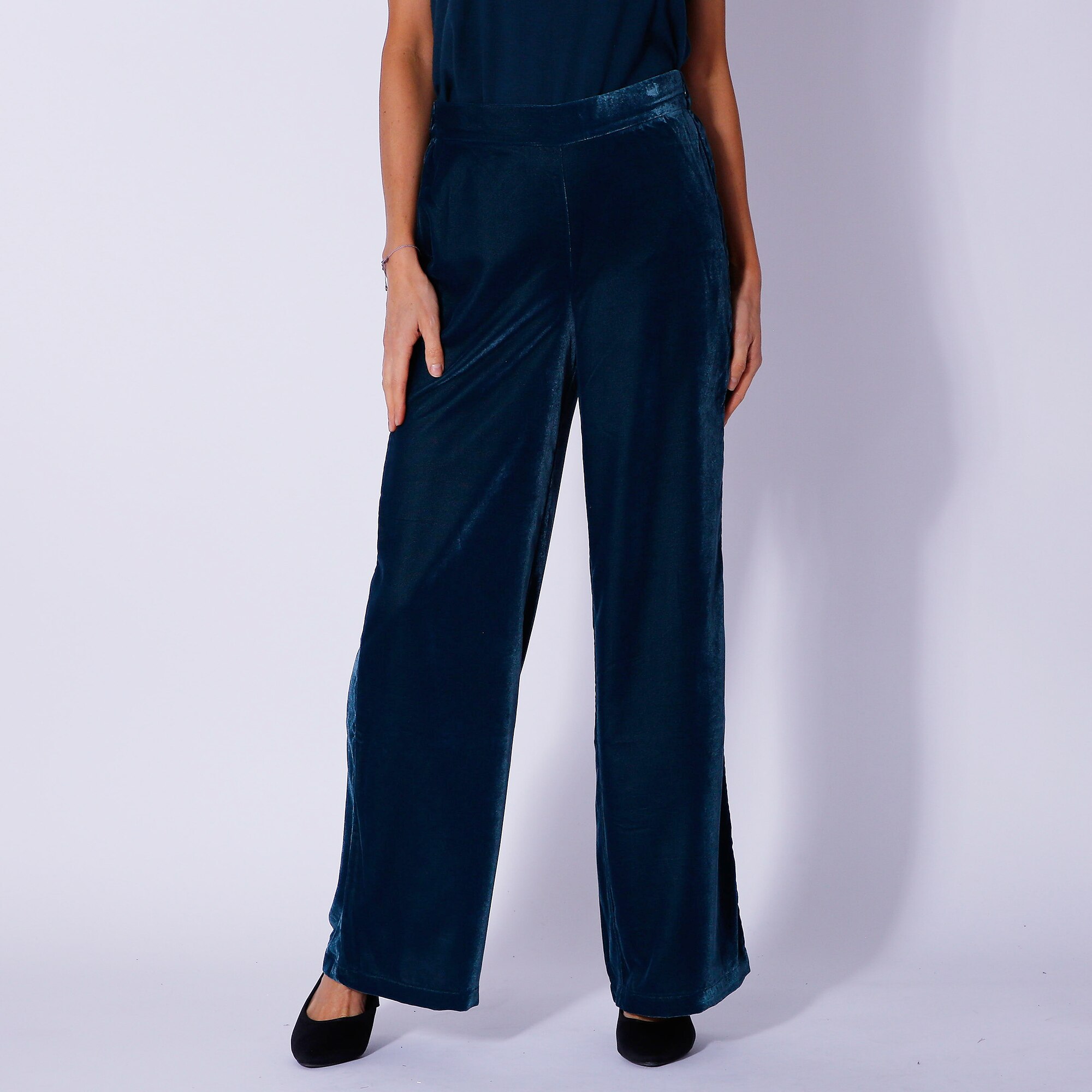 Navy velvet wide leg cheap trousers