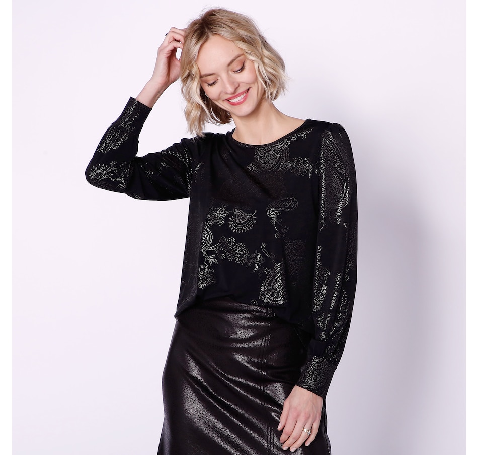 Clothing & Shoes - Tops - Shirts & Blouses - Kim & Co. Foil Printed Blouson  Sleeve Top - Online Shopping for Canadians