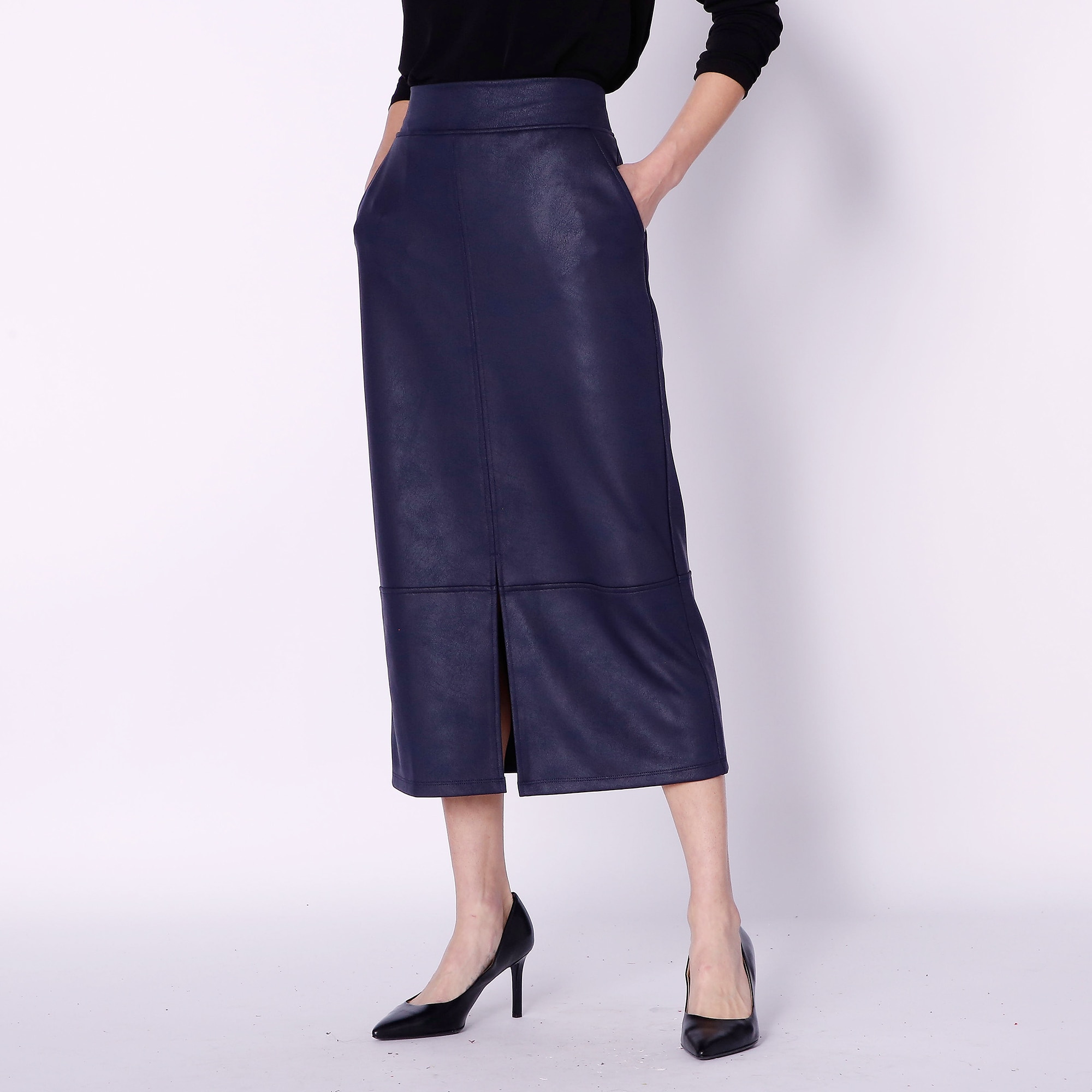 Navy faux clearance leather pencil skirt