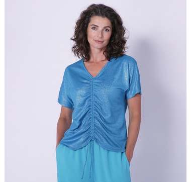 Mr. Max Lurex Rib V-Neck Top With Ruched Tie Detail