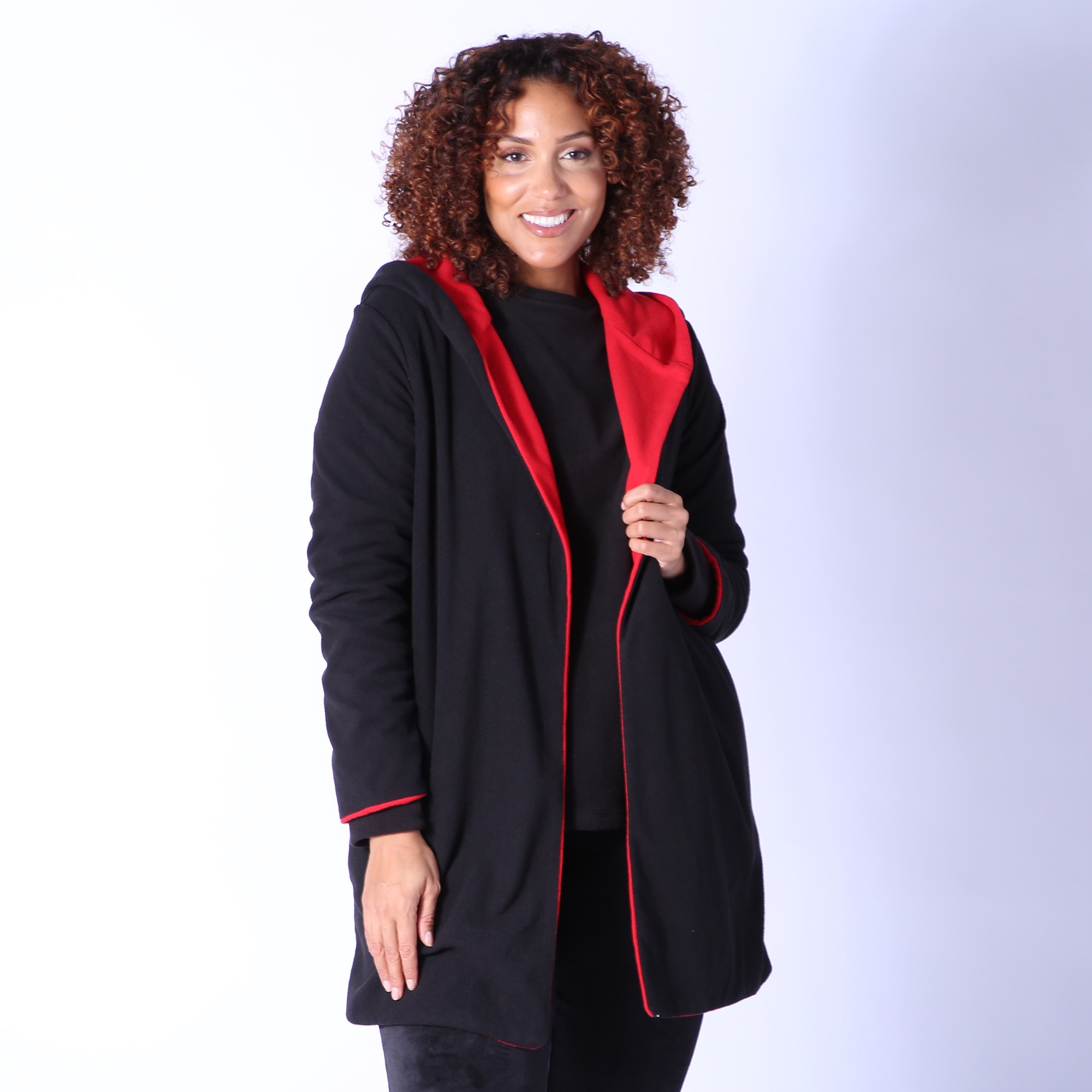 Cuddl duds fleecewear stretch hooded long cardigan with outlet pockets