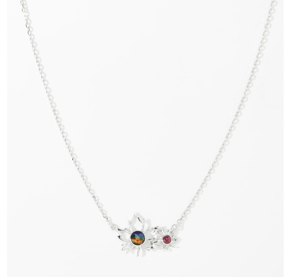 Image 239371_RHOP.jpg, Product 239-371 / Price $329.99, Canadian Ammolite Gems Sterling Silver Ammolite And Greenland Ruby Double Maple Leaf Necklace from Canadian Ammolite Gems on TSC.ca's Jewellery department
