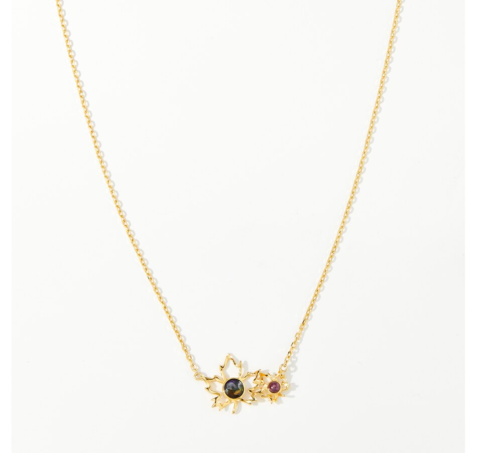 Image 239371_YGP.jpg, Product 239-371 / Price $329.99, Canadian Ammolite Gems Sterling Silver Ammolite And Greenland Ruby Double Maple Leaf Necklace from Canadian Ammolite Gems on TSC.ca's Jewellery department