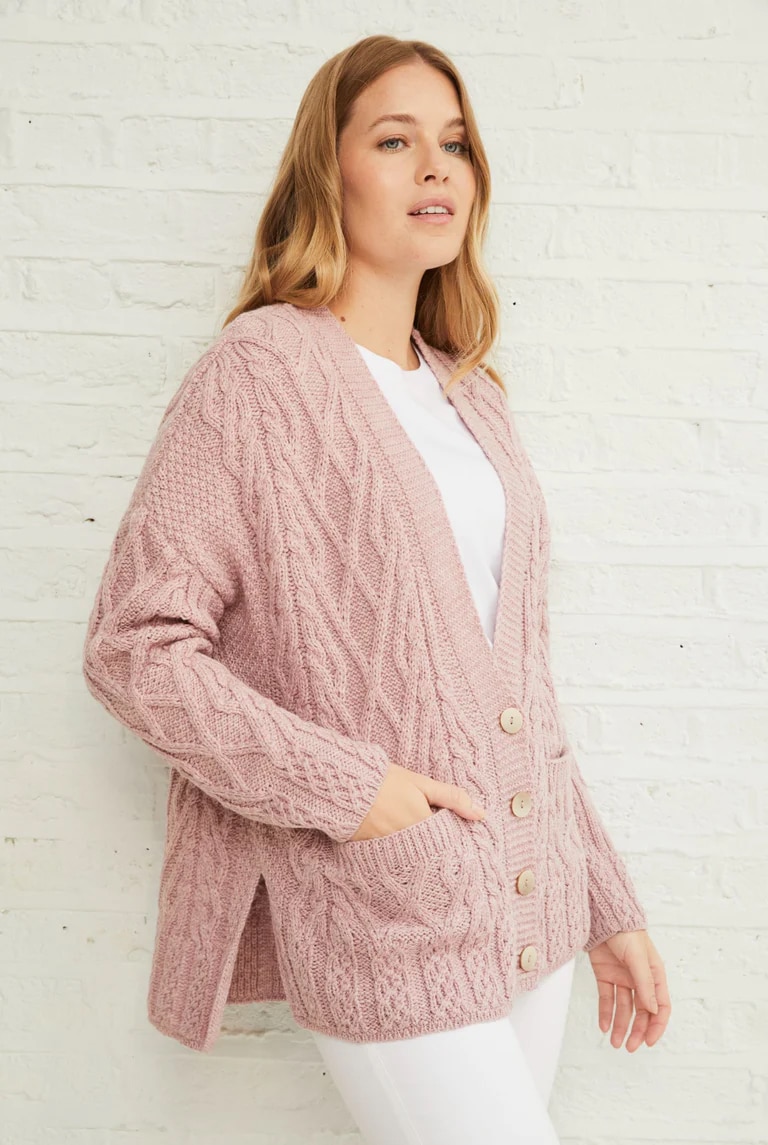 Aran Woollen Mills Supersoft Merino Vented Box Cardigan With Trellis