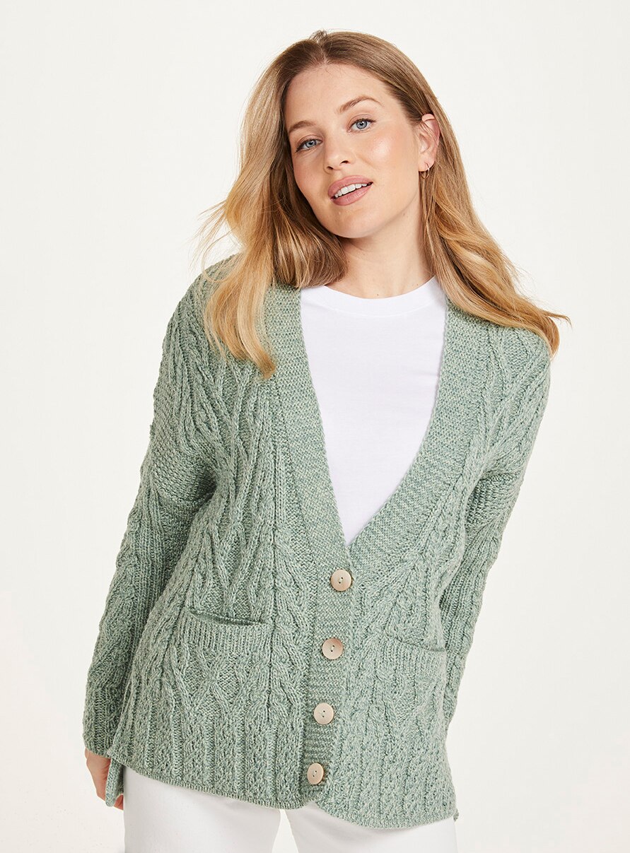 Aran Woollen Mills Supersoft Merino Vented Box Cardigan With Trellis