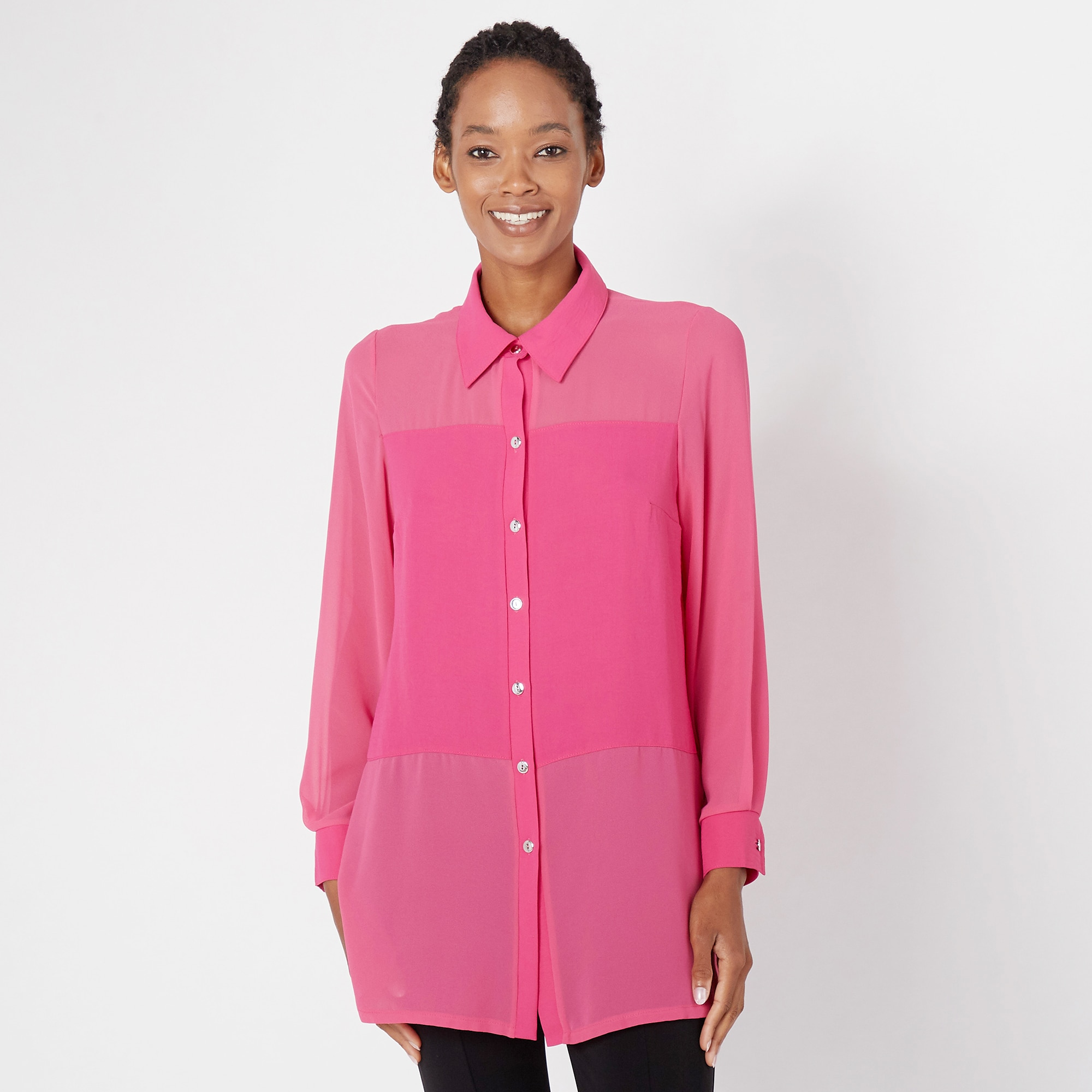 Marallis Crepe-Chiffon Combo Shirt Long Sleeves, Front Button Closure