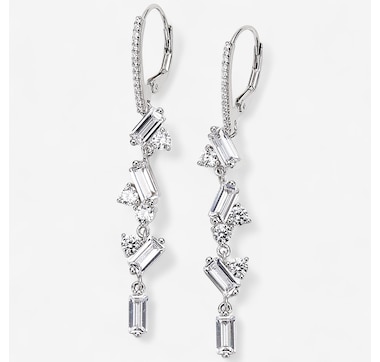 Diamonelle Sterling Silver Rhodium Plate Baguette & Round Diamonelle Drop Earrings