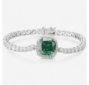 Product 242-054 / Price $199.99 , Diamonelle Sterling Silver Rhodium Plate Cushion Green Diamonelle Halo Bracelet