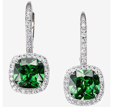 Diamonelle Sterling Silver Rhodium Plate Green Cushion Diamonelle Halo Drop Earrings