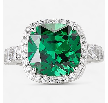 Diamonelle Sterling Silver Rhodium Plate Cushion Green Diamonelle Halo Ring