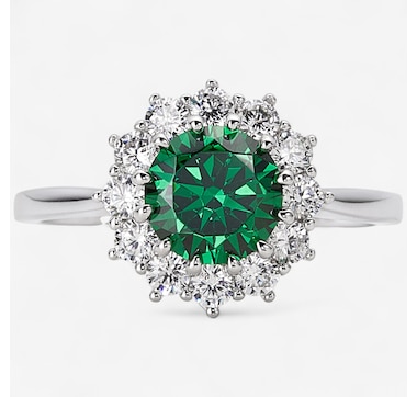 Diamonelle Sterling Silver Rhodium Plate Green & White Diamonelle Starburst Ring