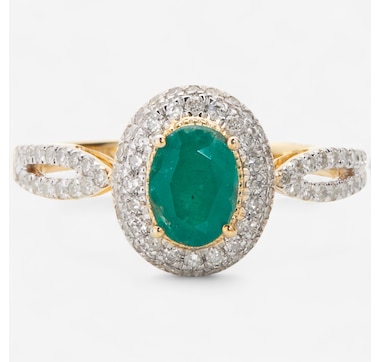Gem Creations 10K Yellow Gold 1.15ctw Oval Emerald & Diamond Ring