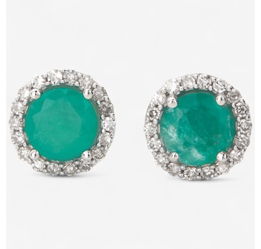 Gem Creations 10K Gold 1.00ctw Round Emerald & Diamond Halo Stud Earrings