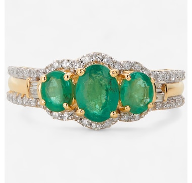 Gem Creations 14K Yellow Gold 1.63ctw Oval Emerald & Diamond Trinity Ring