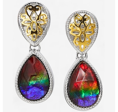 Product 242-321 / Price $449.99 , Canadian Ammolite Gems Sterling Silver Pear Ammolite Earrings With Rope Filigree Detail