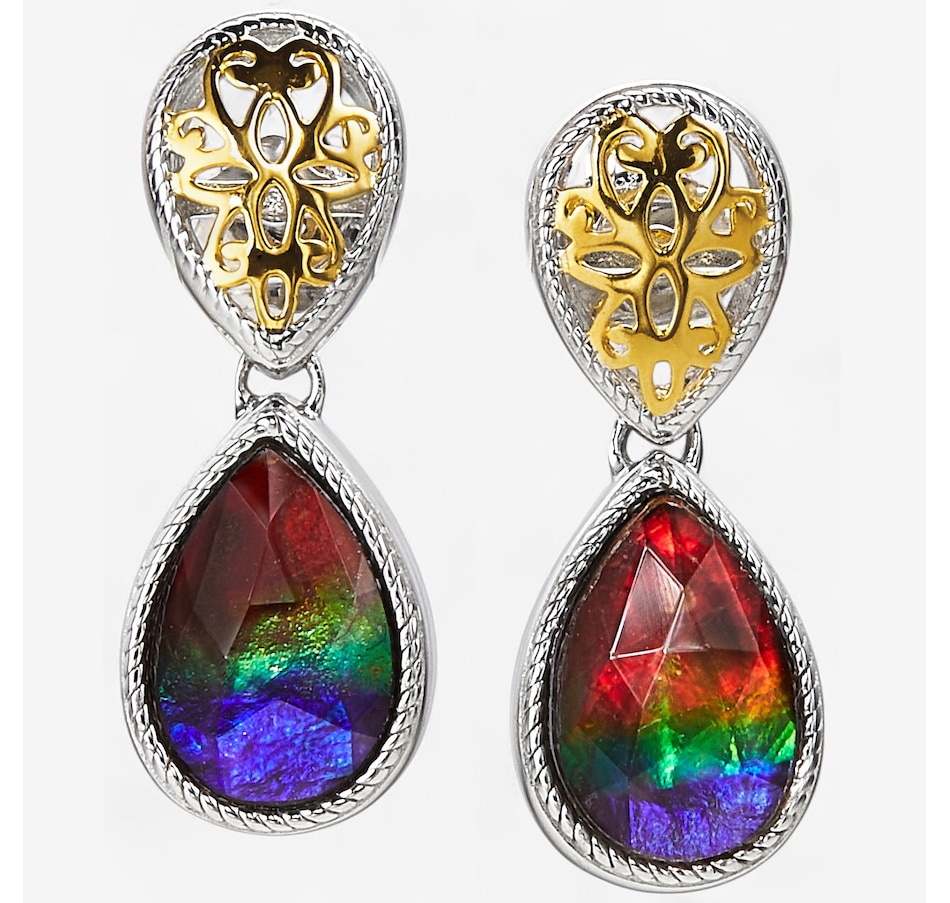Canadian Ammolite Gems Sterling Silver Pear Ammolite Earrings With Rope Filigree Detail