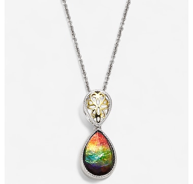 Product 242-322 / Price $449.99 , Canadian Ammolite Gems Sterling Silver Pear Ammolite Pendant with Rope Filigree Detail and Chain
