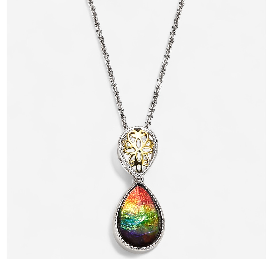 Canadian Ammolite Gems Sterling Silver Pear Ammolite Pendant with Rope Filigree Detail and Chain