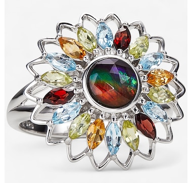 Product 242-323 / Price $469.99 , Canadian Ammolite Gems Sterling Silver/Rhodium Plate Ammolite Multi Gemstone Flower Ring