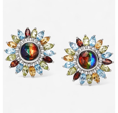 Product 242-324 / Price $499.99 , Canadian Ammolite Gems Sterling Silver/Rhodium Plate Ammolite Multi Gemstone Flower Earrings